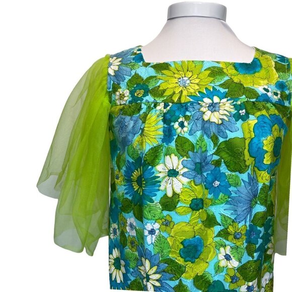 Vintage 60s 70s Mod Maxi Dress Empire Waist Tulle Net Sleeves Hand Made SMALL - Picture 3 of 13